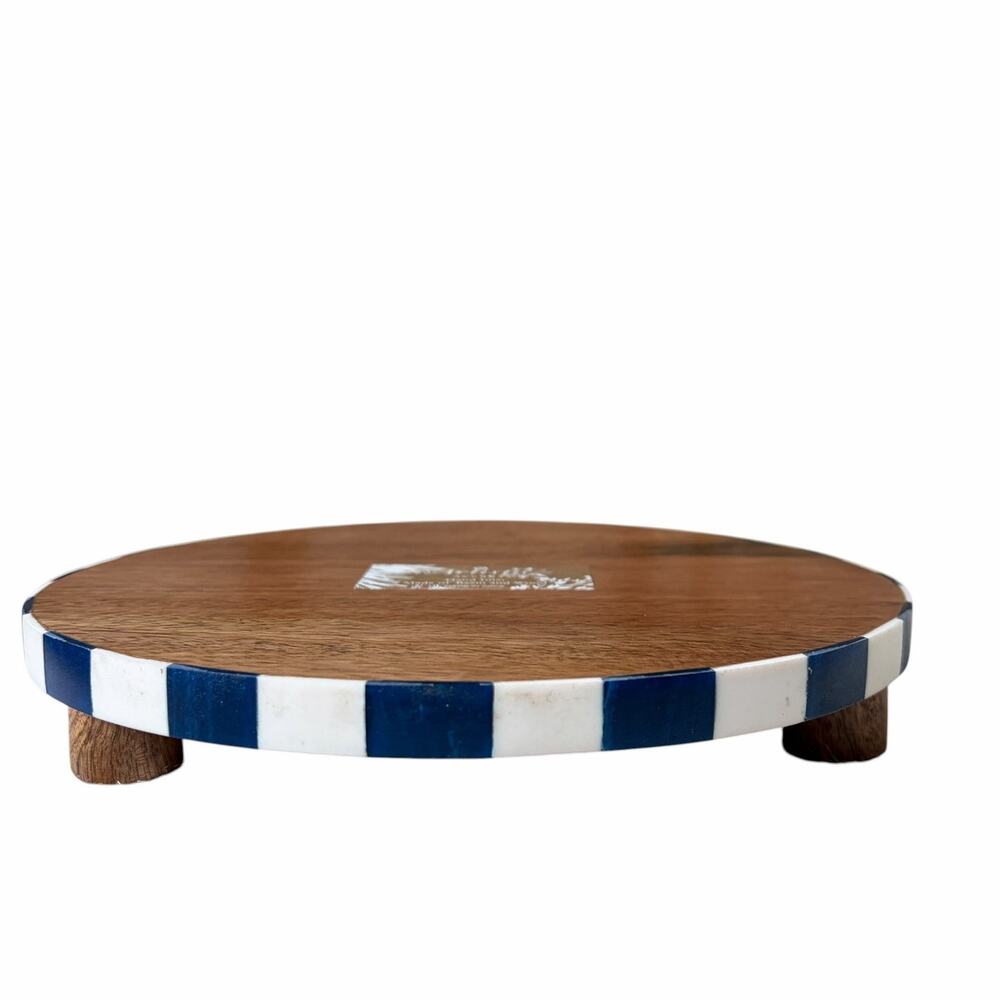 Blue & White Checkered Enameled Mango Wood Serving Tray 9in D Made In India NEW